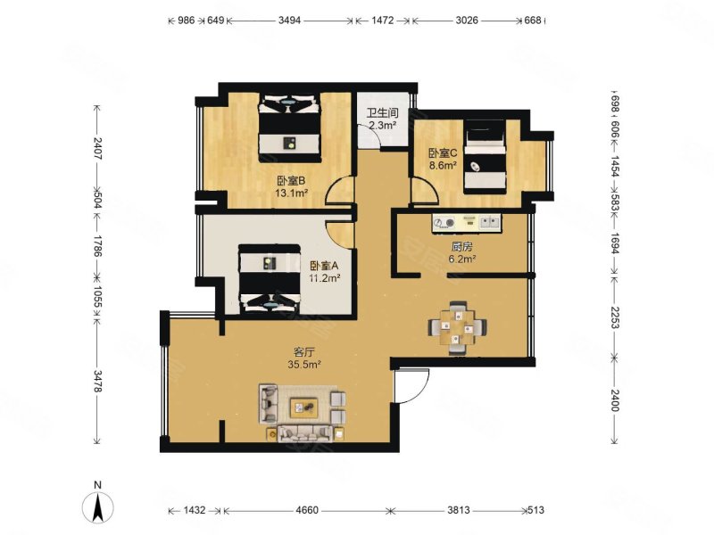 实力山语间3室2厅1卫89.92㎡南北85万