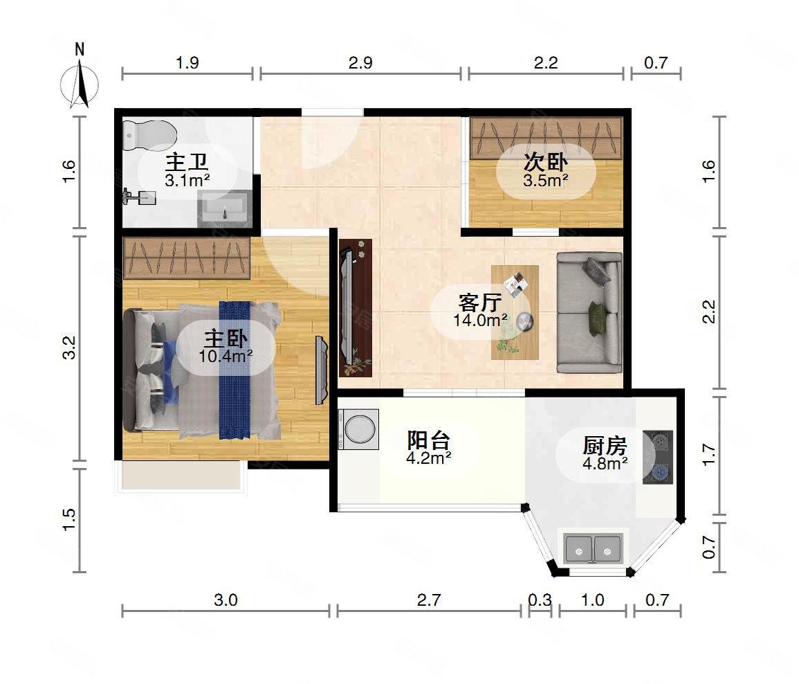 南北通透,2室1厅1卫1阳台全南,户型非常棒,有户型为证,洪城东方国际