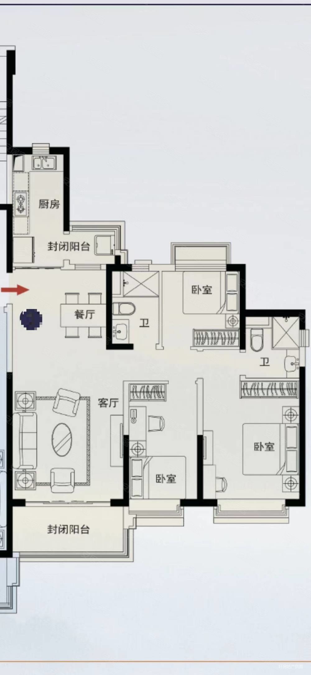 恒大珺睿府3室2厅2卫129㎡南北110万