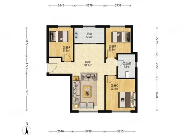 中冶德贤华府3室1厅1卫109.01㎡南北290万