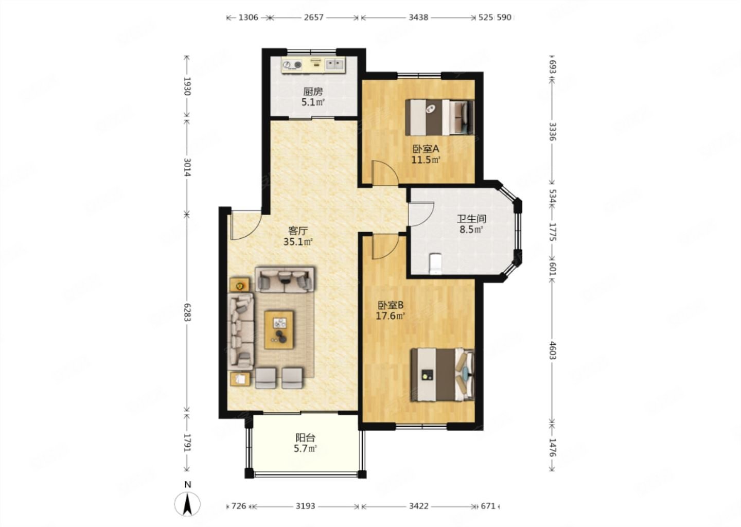 江南明珠苑简装100平南北通透大2房中等楼层东边套