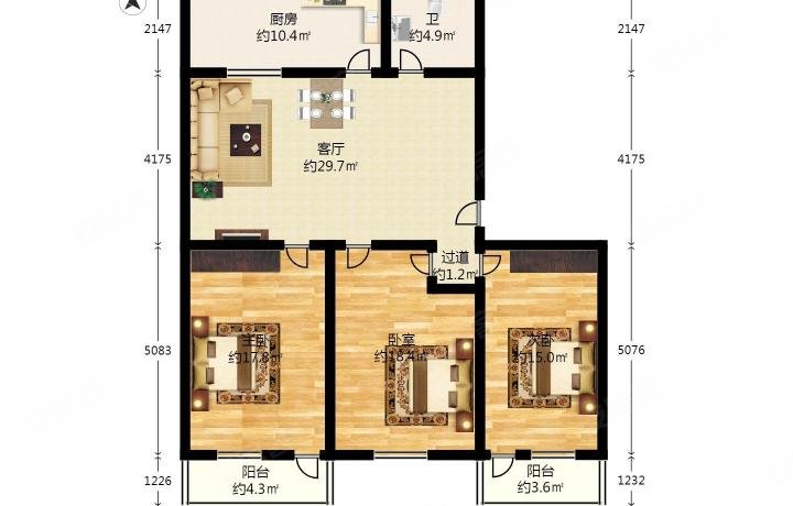 千秋公寓3室2厅1卫113.85㎡南北450万