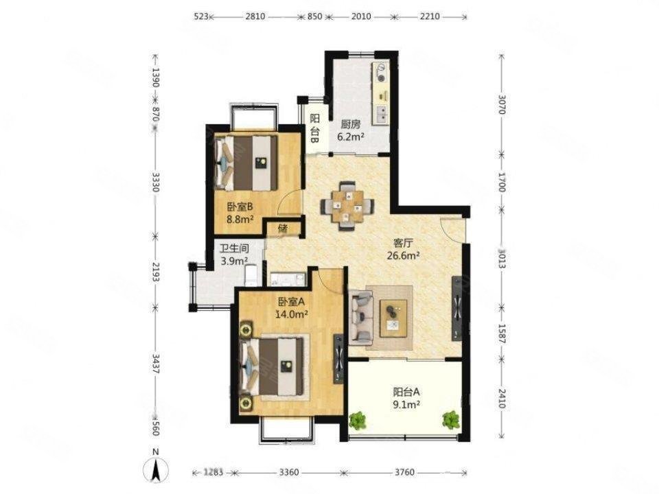 文景苑2室2厅1卫88.21㎡南北336.8万