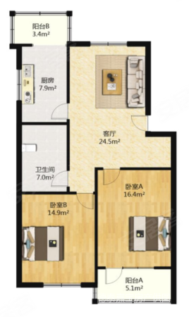 田家花园2室2厅1卫95.62㎡南北185万