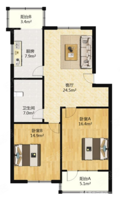 田家花园2室2厅1卫95.62㎡南北185万