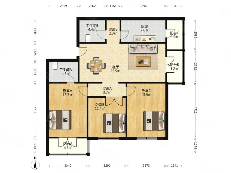 中山门南里3室2厅2卫119.25㎡南北215万