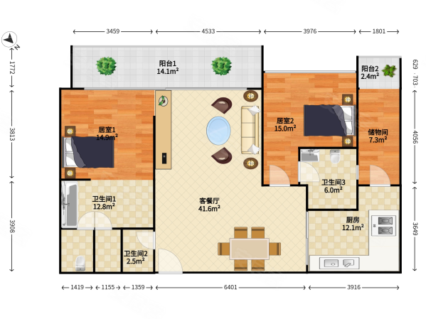 深业上城2室2厅3卫166.32㎡南北1600万