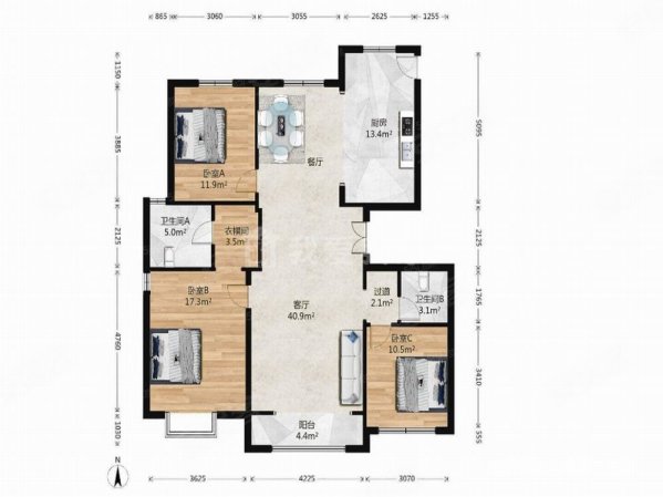 五矿铭品3室2厅2卫138.18㎡南北600万