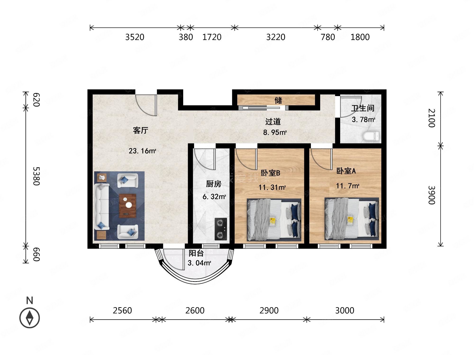 阳光广场2室1厅1卫112.57㎡南805万