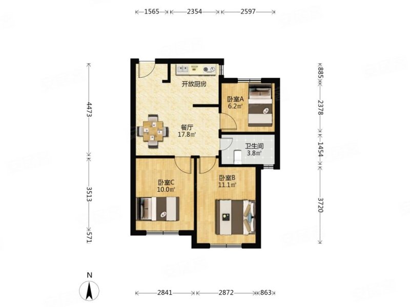 墨翠里3室1厅1卫72.36㎡南北370万