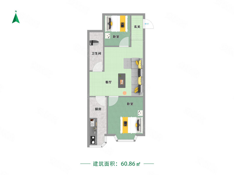 中鸿基新都2室1厅1卫60.86㎡南北40万