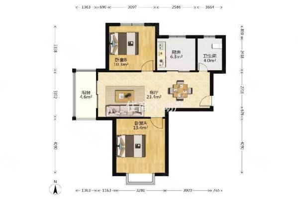 宏立瑞园2室2厅1卫83.64㎡南北335万