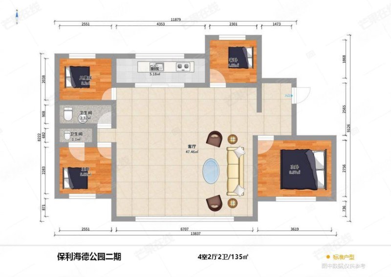 保利海德公园4室2厅2卫135㎡南北155万