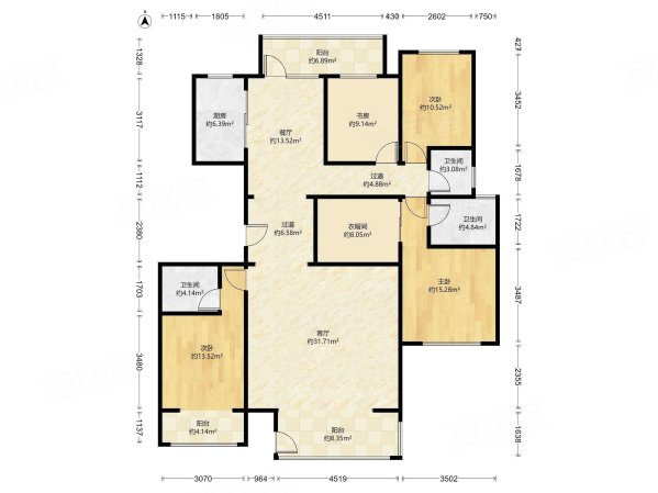 荣盛华府A区4室2厅3卫193.06㎡南北585万