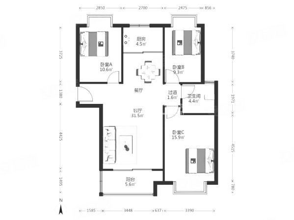 金猴北城名居3室2厅1卫125.48㎡南北167万