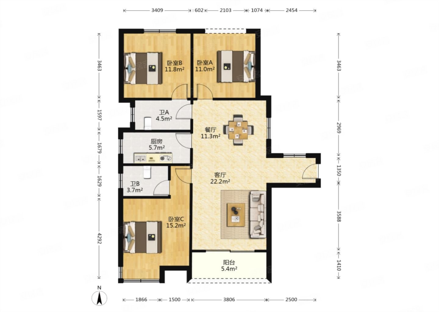 明发国际城3室1厅2卫115.05㎡东南110万