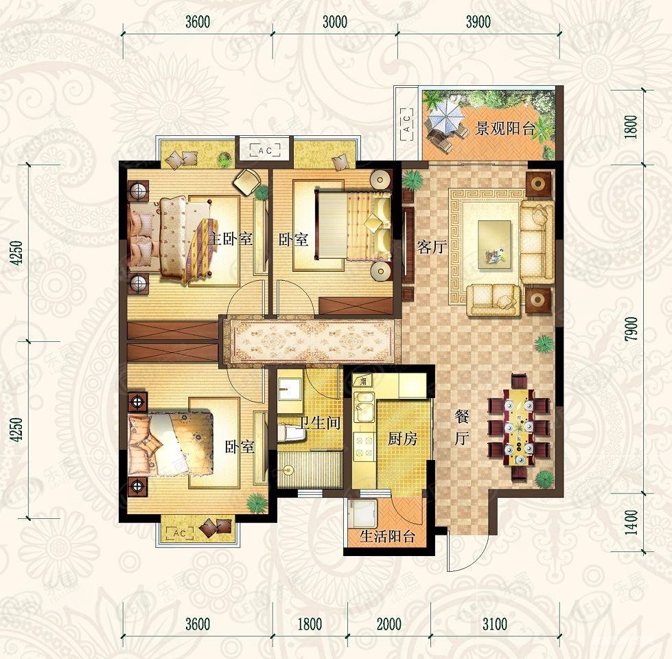 御景上院3房毛坯朝南朝中庭户型紧凑无浪费