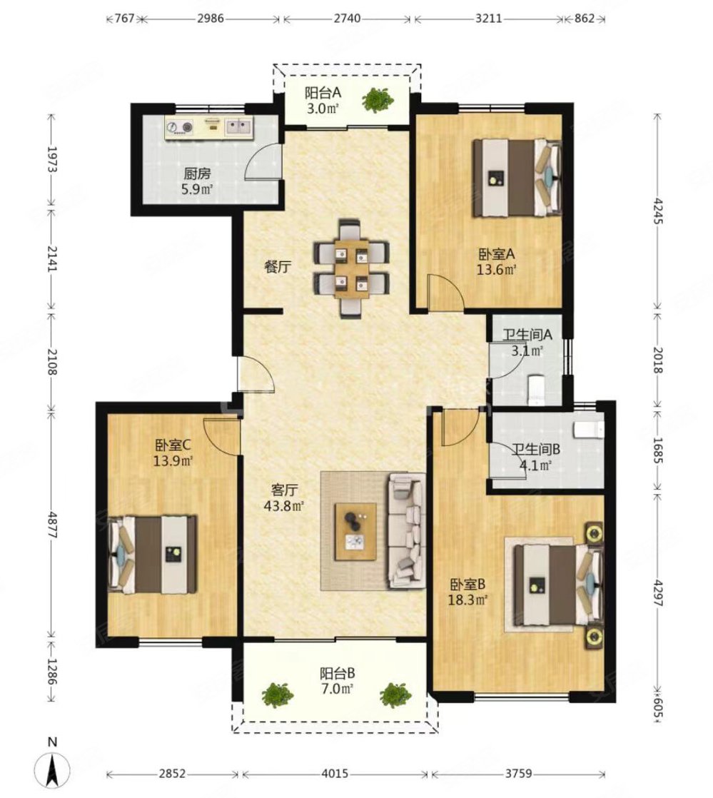 毛胚三房 飞机户型 全天太阳