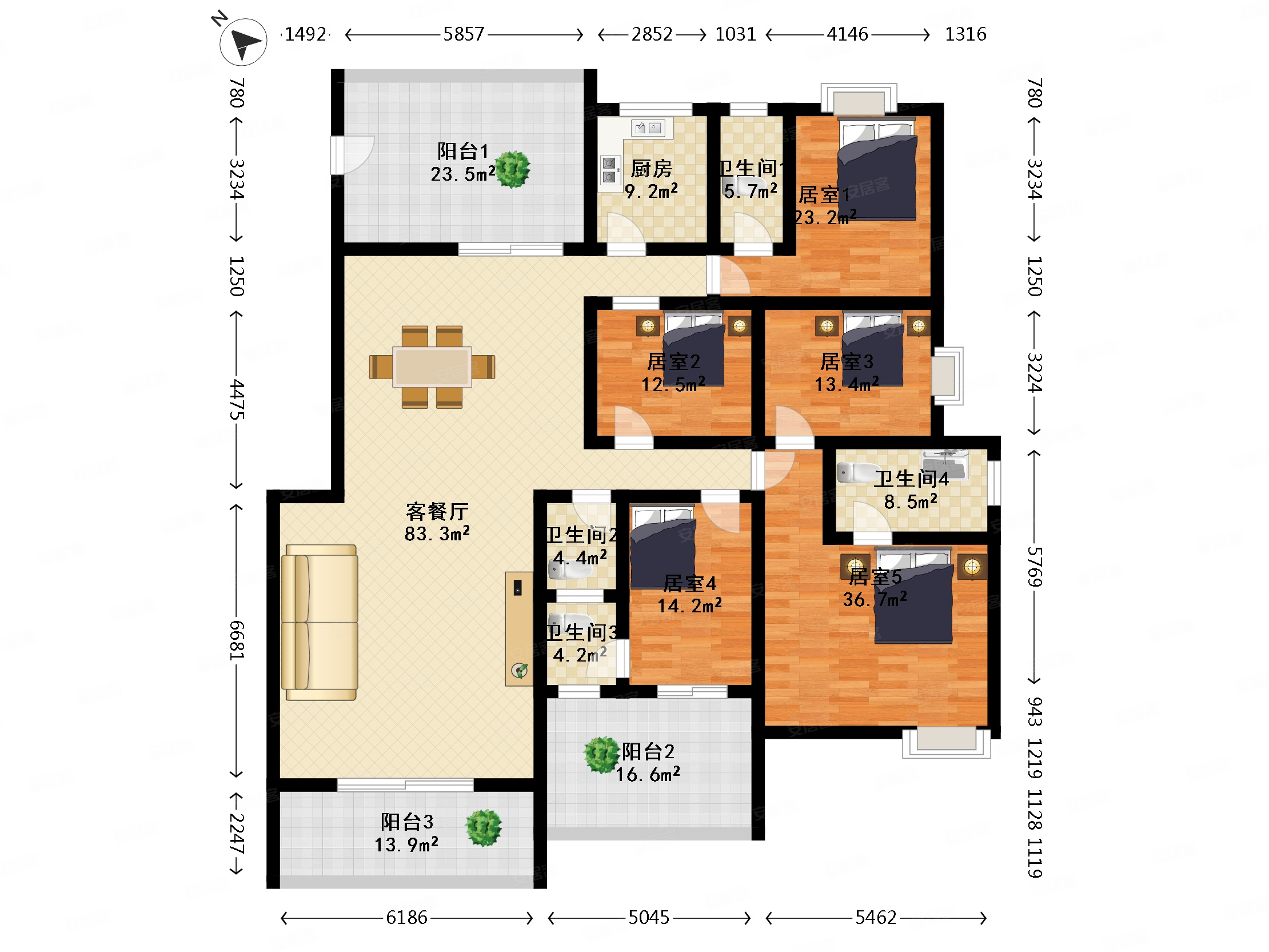 颐和山庄5室2厅4卫266.29㎡南北340万
