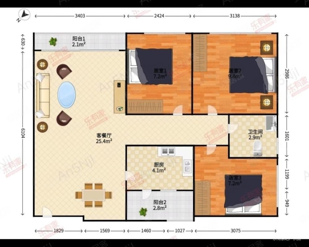 荣德雨馨公寓3室2厅2卫66.23㎡南北150万