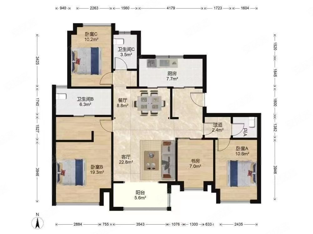 壹公馆3室2厅2卫120㎡南北720万