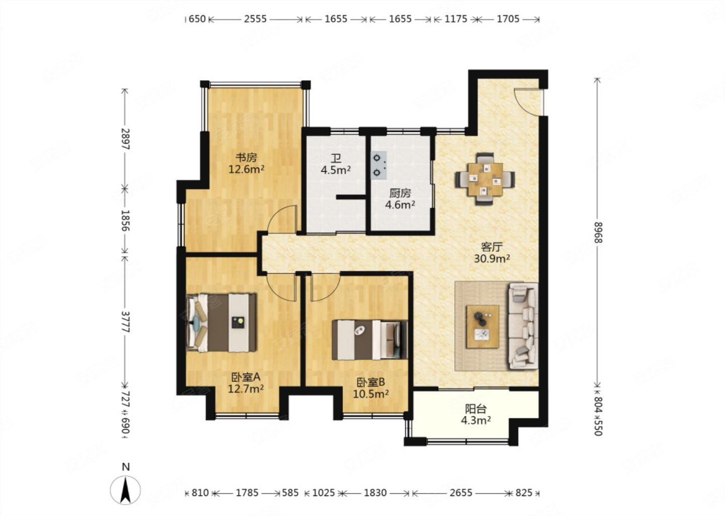 西子曼城3室2厅1卫103.74㎡南267万