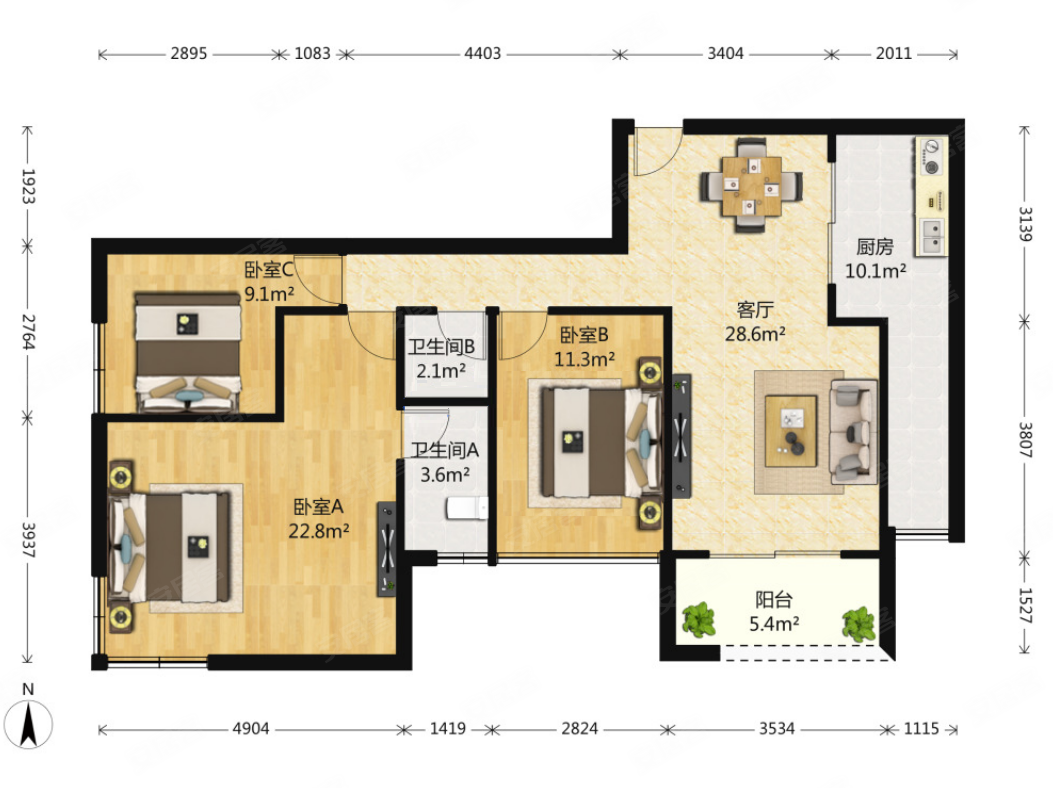 梧桐公馆(d区)3室2厅2卫99㎡南北145万