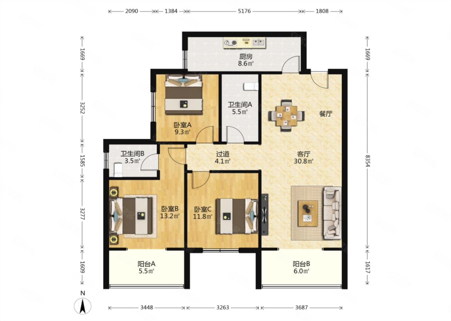 行政中心旁旭景兴园三室双阳台朝南采光极好