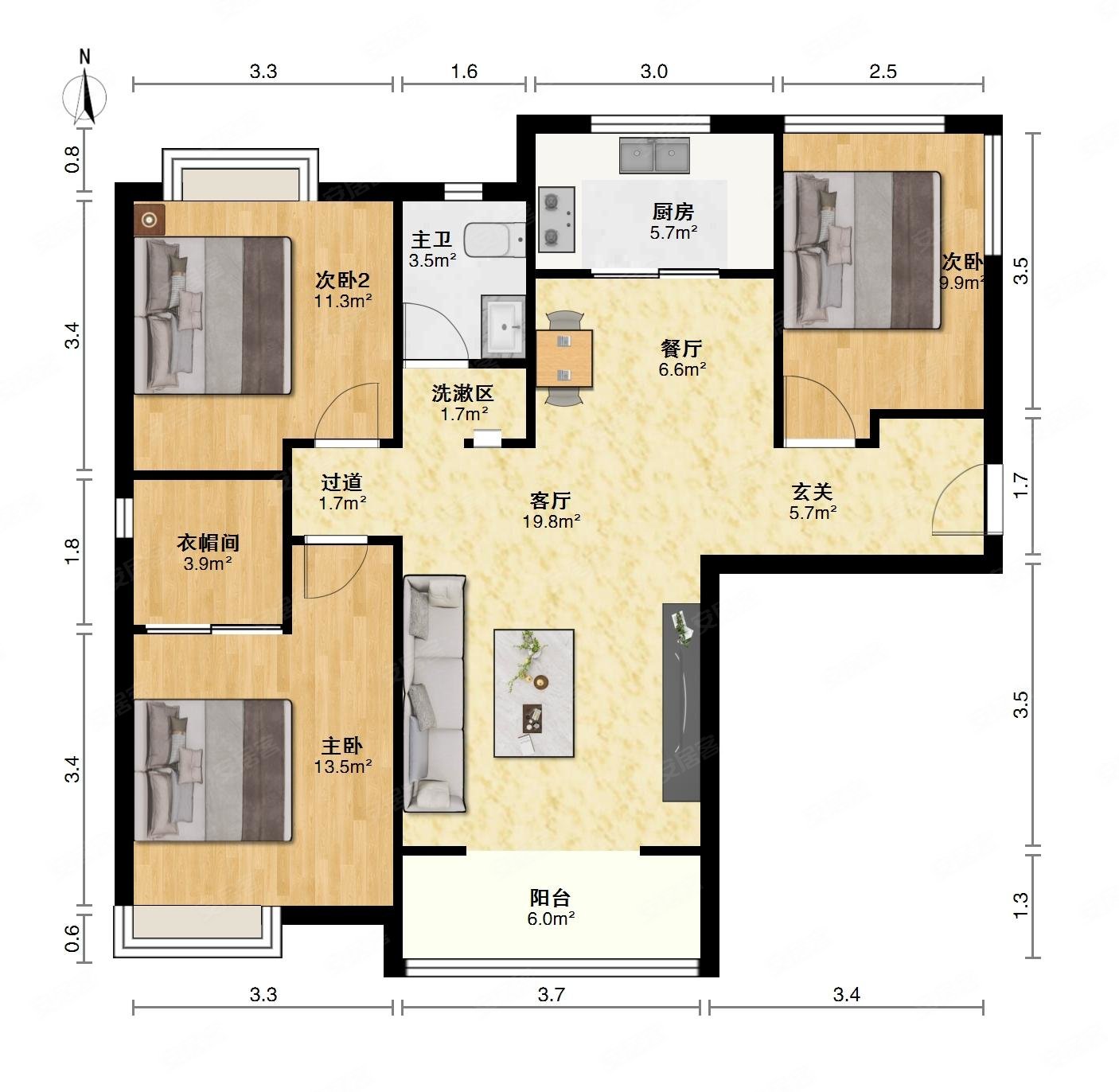鹏湖湾3室2厅2卫113.79㎡南北145万