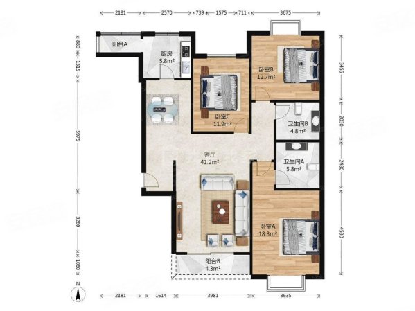 阿曼寓所3室1厅2卫135.51㎡南北765万