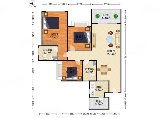 中粮祥云3室2厅2卫89㎡南北365万