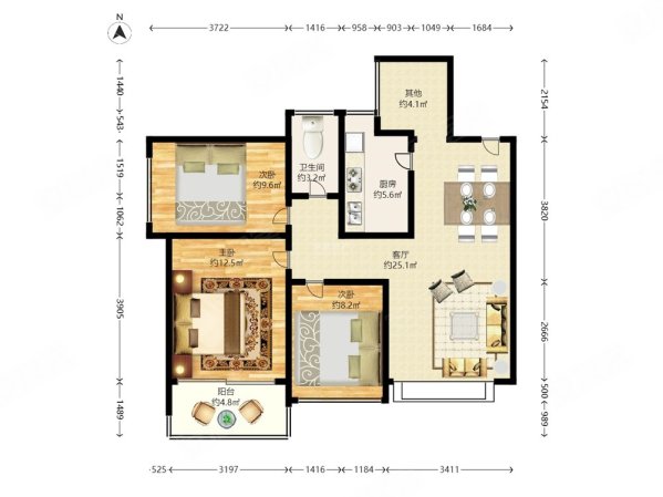 壹锦园3室2厅1卫76.1㎡南北468万