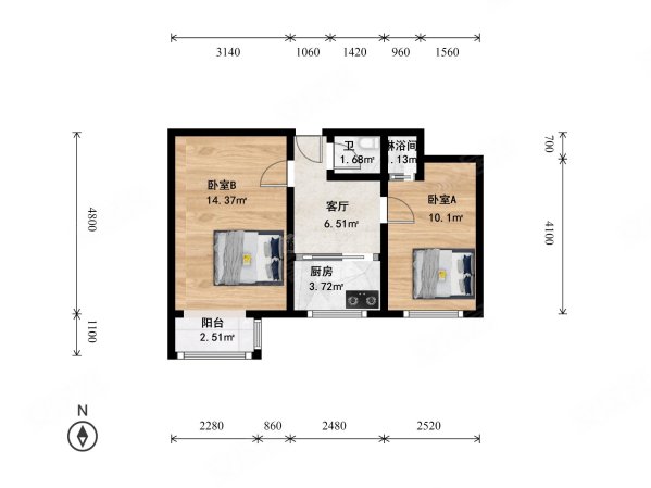 文慧园路甲2号院2室1厅1卫50.7㎡南480万