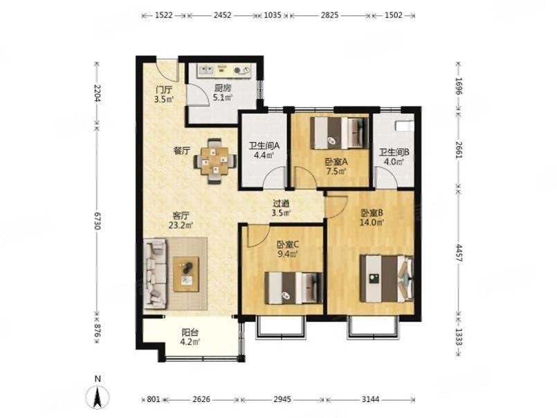 鑫都紫宸府3室2厅2卫110㎡南北148万