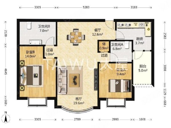 香榭丽花园2室2厅2卫114.69㎡南北998万