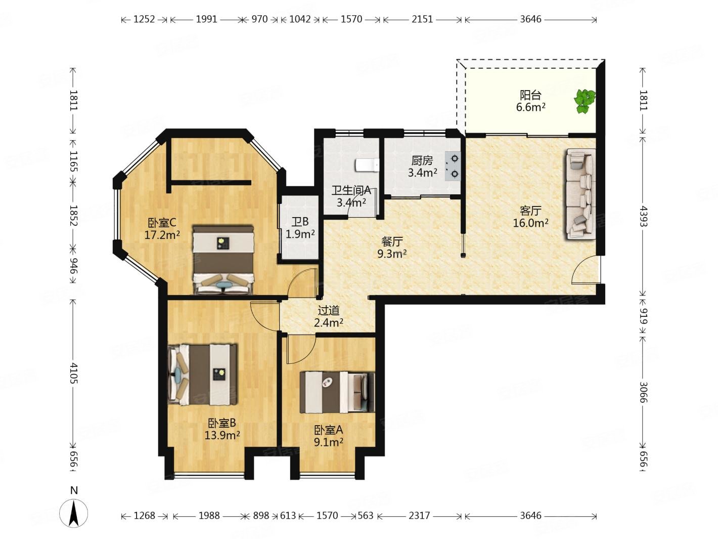 户型好,中庚城二期二手房,328万,3室2厅,1卫,95.79平米-福州安居客