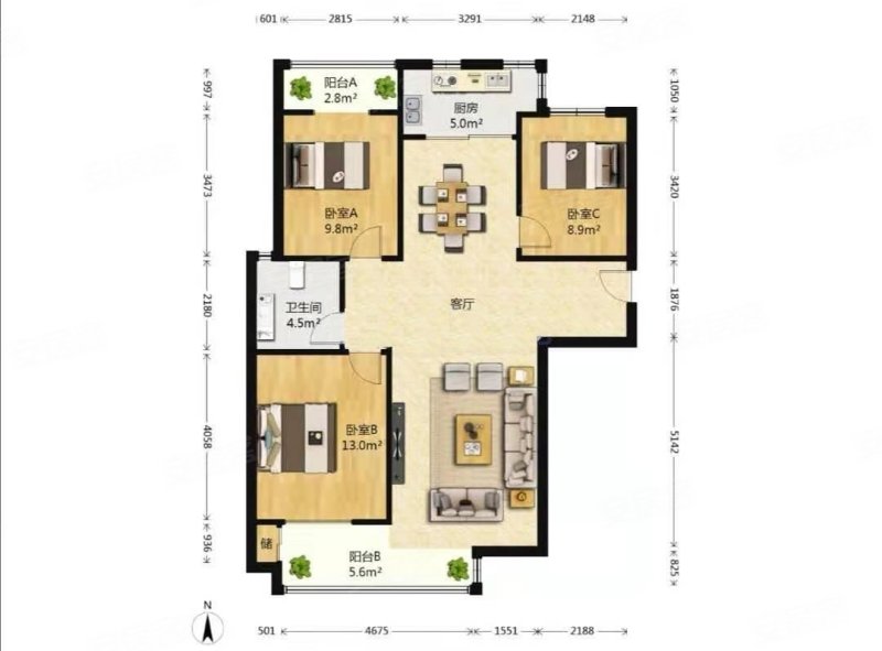 紫晶苑3室2厅1卫129.07㎡南北215万