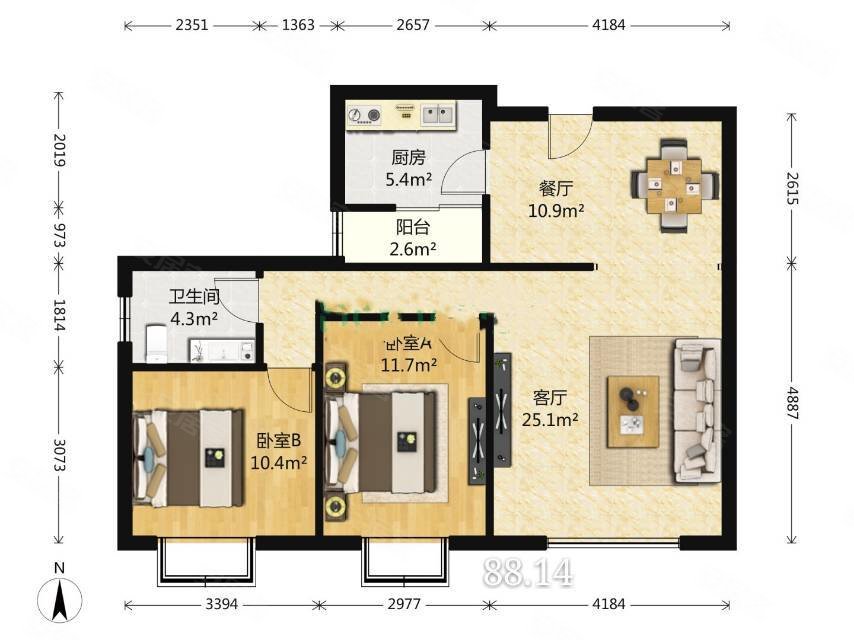 桐梓林欧城2室2厅1卫87.76㎡南北205万