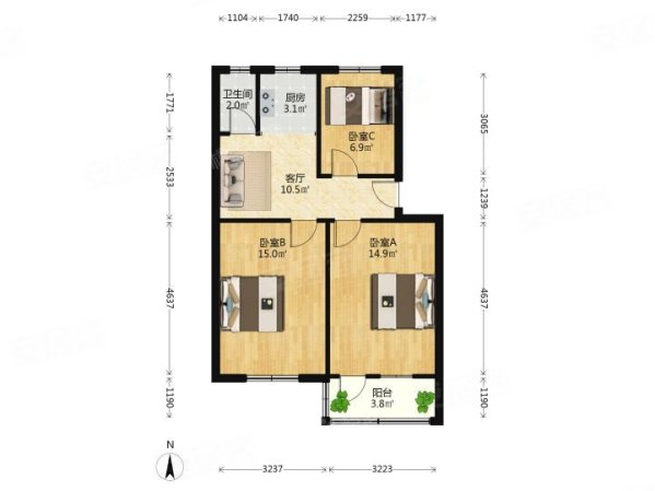 中央路298号小区3室1厅1卫68.79㎡南北249万