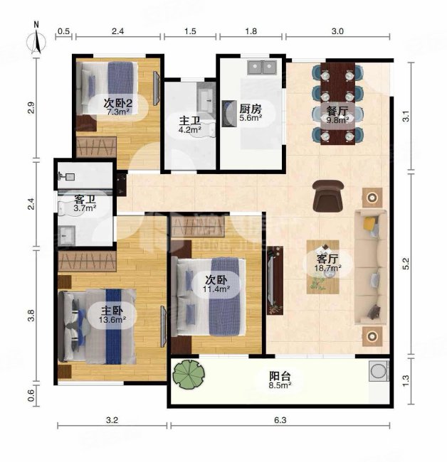 江铃瓦良格3室2厅2卫118㎡南北80万