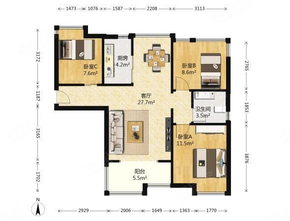 万科城多伦多街区3室2厅1卫88.43㎡南225万