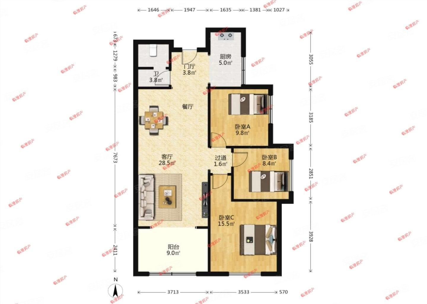 铂悦山南北通透三室两厅两卫户型格局合理