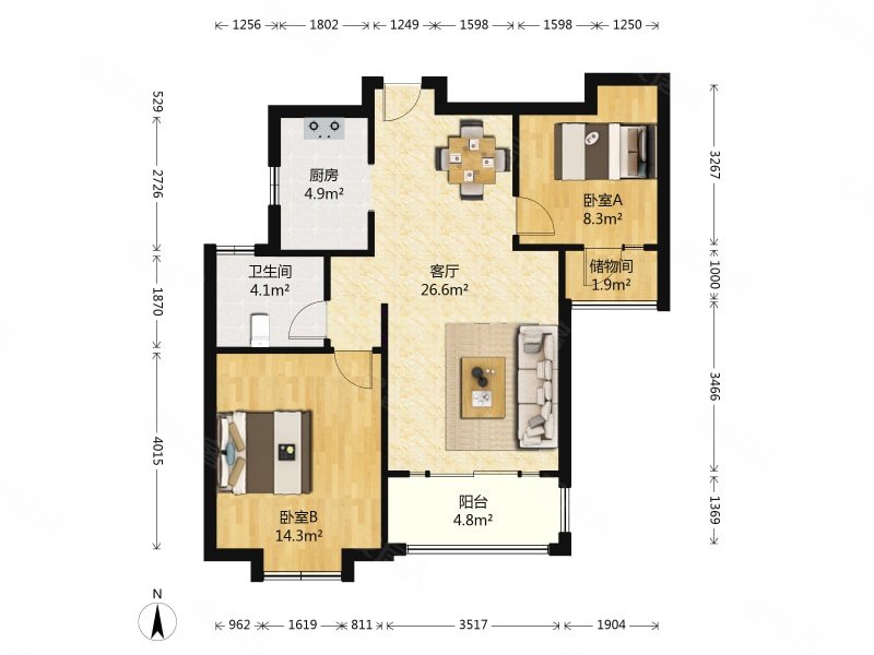 绿地中央广场三区2室2厅1卫92.17㎡南北89万