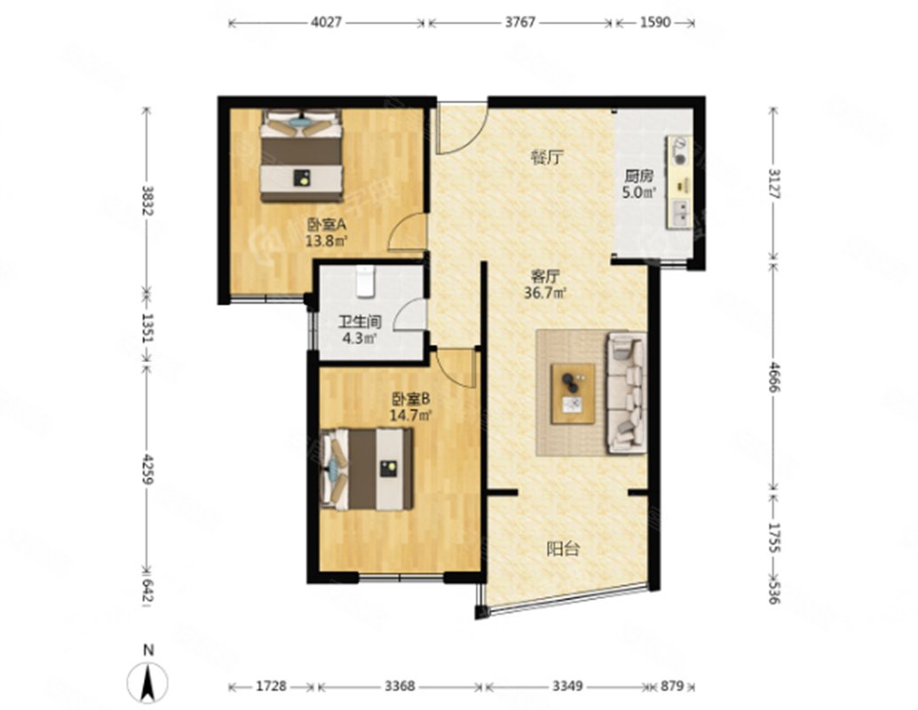滨湖花园(西区)2室1厅1卫102.26㎡南北171万