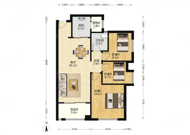 珠江郦城3室2厅2卫94.93㎡南102万