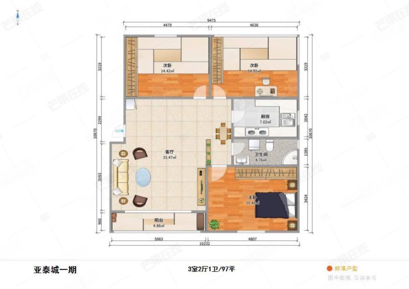 亚泰城(一二期)3室2厅1卫95.85㎡南北72万