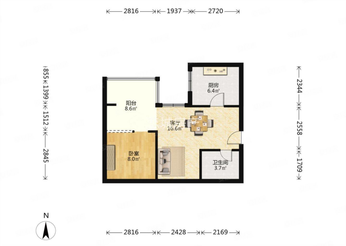 成都现代城1室1厅1卫58.09㎡南北96万