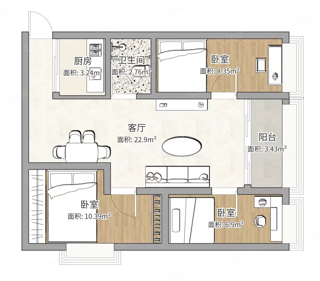 稻谷仓小区3室2厅1卫66.12㎡东南206万