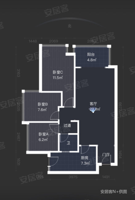 千禧河畔D区3室1厅1卫77.8㎡北126万