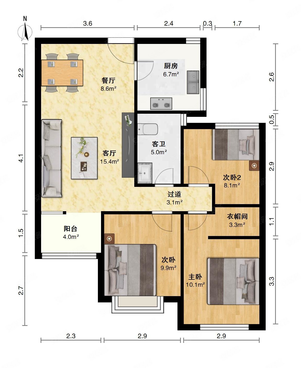 世茂大观北苑3室2厅1卫98.87㎡南北150万